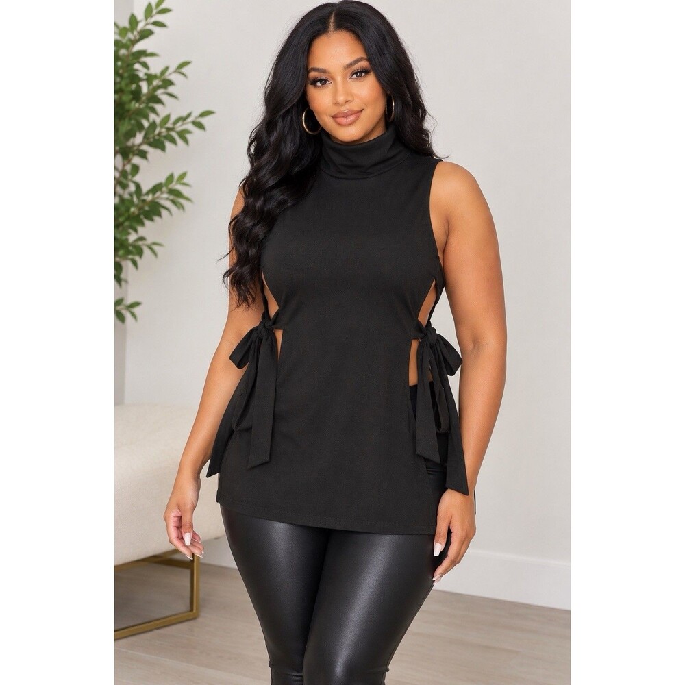 Women’s Black Sleeveless Turtleneck W/ Open Sides Secured W/ Bow Sz M Blouse